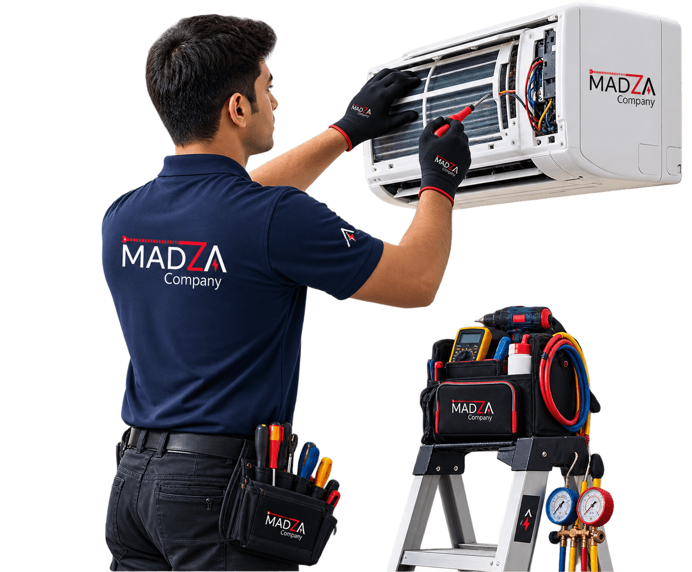 MADZA professional technician servicing a home air conditioner