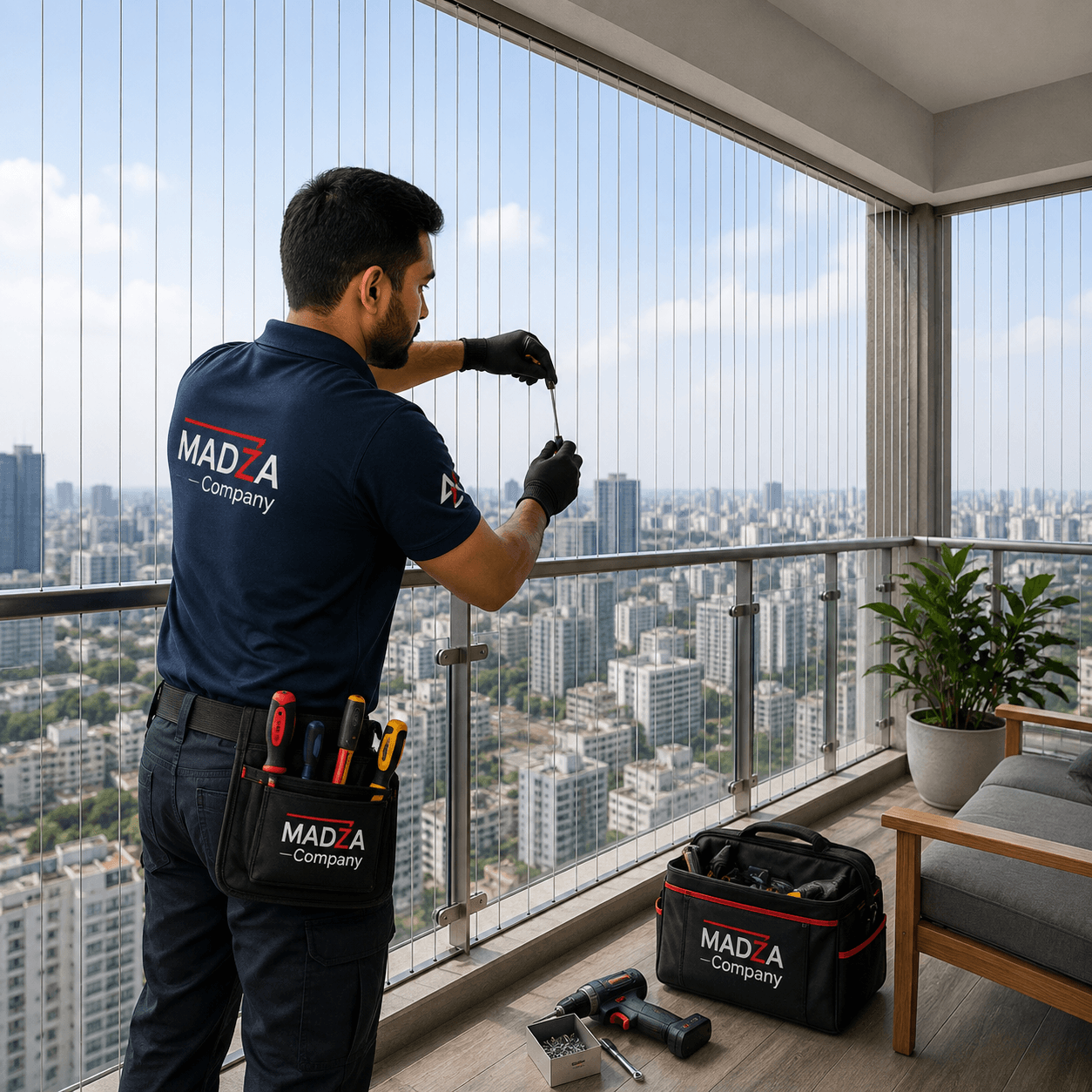 Premium invisible grill installation for balconies and windows.